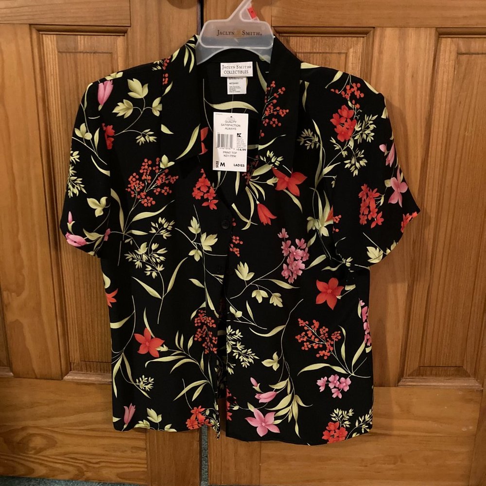 NWT Jaclyn Smith Collectibles Vintage 80s 90s Blouse Short Sleeve Top Black M